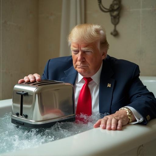 Donald Trump sitting in a bathtub with a toaster