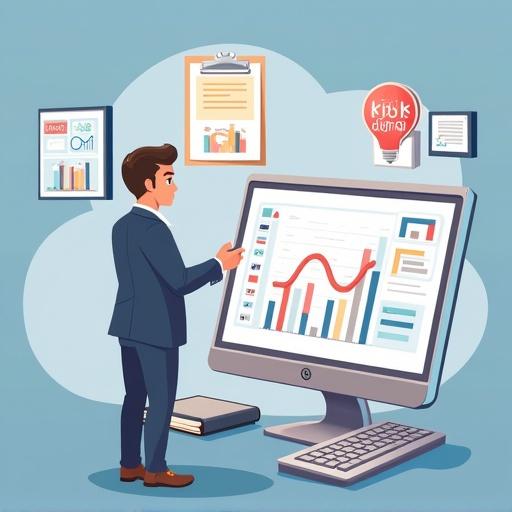 Business consultant analyzing data on a computer screen. Modern office setting with charts and reports. Stylish and bright colors. Flowers and IT motifs. High-end and simple design.