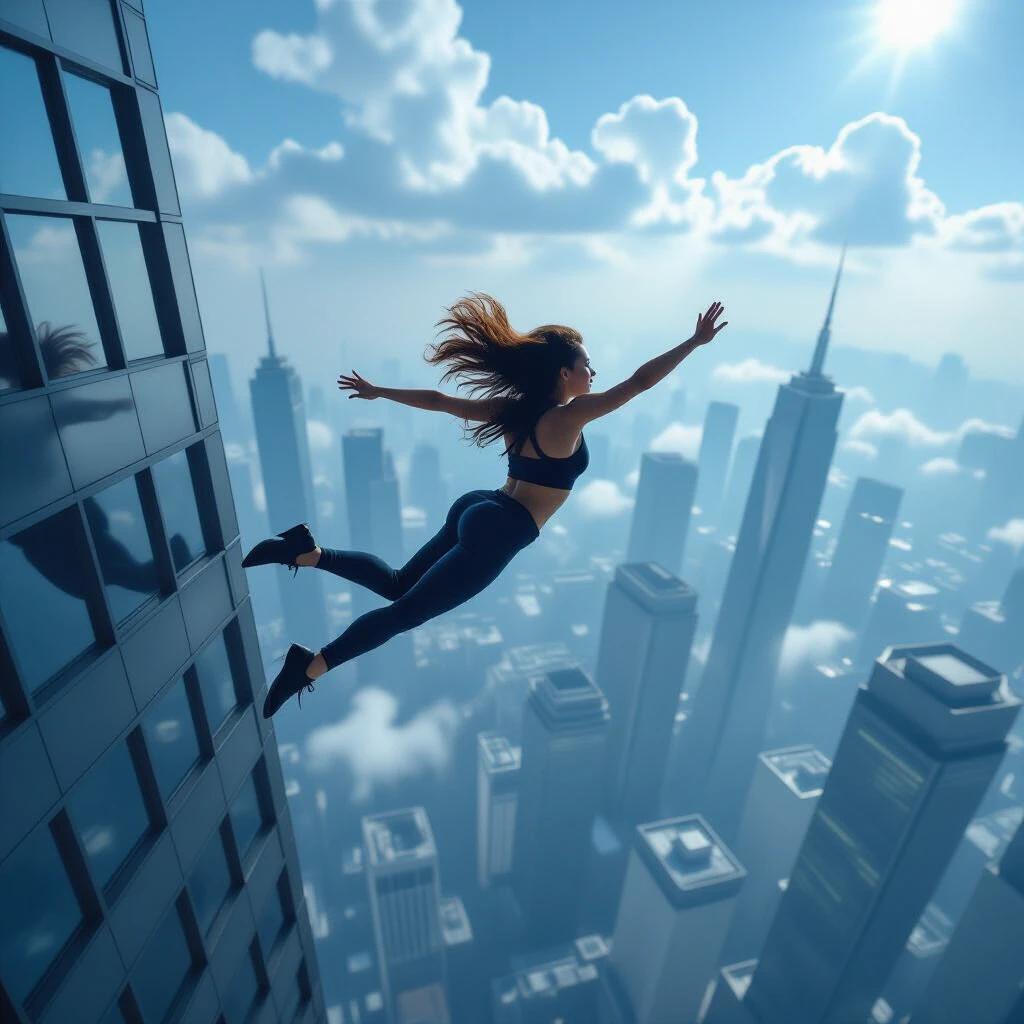 Aerial perspective shows a woman in mid-air jumping off a skyscraper. Captures motion and energy. Background includes skyscrapers and a bright blue sky filled with clouds.
