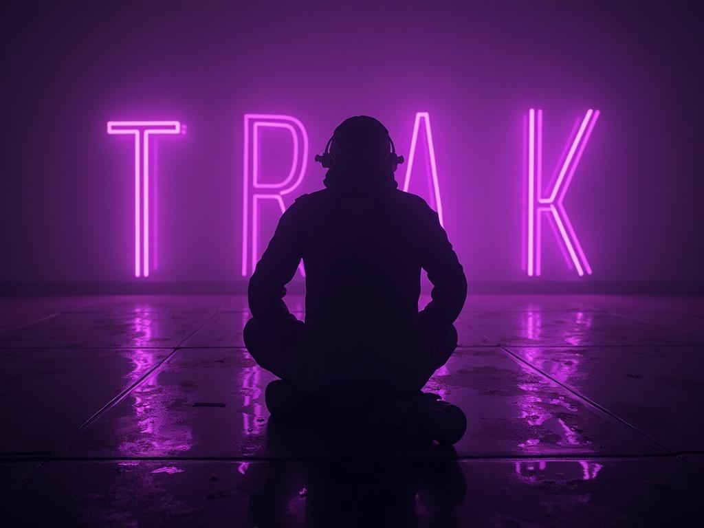 Silhouette of a person sitting on the floor in front of large neon letters spelling 'TRAK'. The background is purple and moody. The overall vibe is electronic and chill, suitable for music promotion.