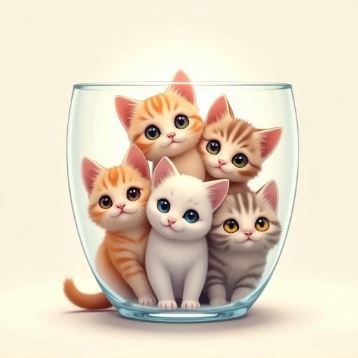 Five anime-style kittens inside a transparent glass cup. Kittens with expressive eyes and soft fur. The glass is photorealistic with accurate lighting and shadows. Clean background with high resolution.