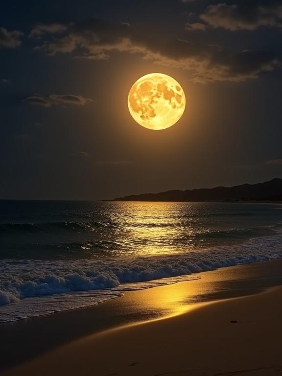 Image of a full moon illuminating a beach at night. The moon is large and golden. Ocean reflects the moonlight creating a path. Waves roll gently onto the beach. The scene is tranquil with a dark sky and distant land.