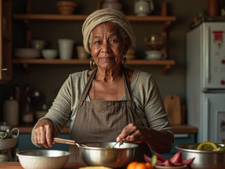 Elderly African woman in a kitchen preparing food. She appears deep in thought. Natural setting with kitchen elements.