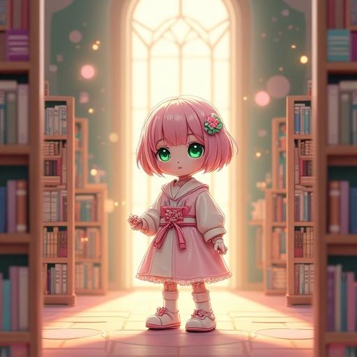 An adorable android girl in a fantastical library filled with soft light. She has bright green eyes, pastel-toned hair, and wears a delicate robe. Background shows colorful bookshelves and magical light.