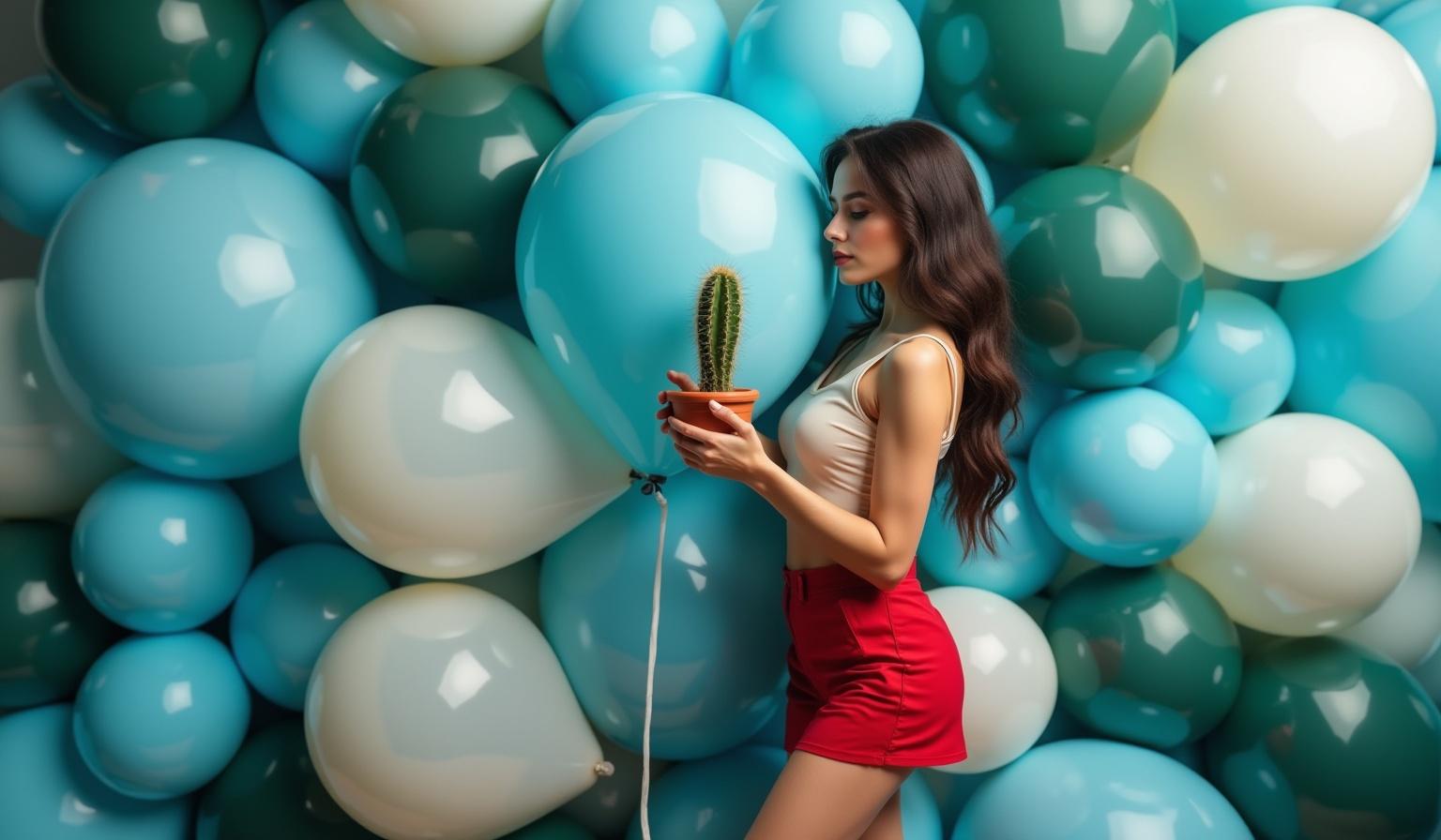 Beautiful brunette stands next to giant latex balloons. She leans against vibrant balloons. Blue, white, dark green balloons surround her. She holds a small cactus. One balloon pops, rubber shreds in the air. High detail, realistic lighting.