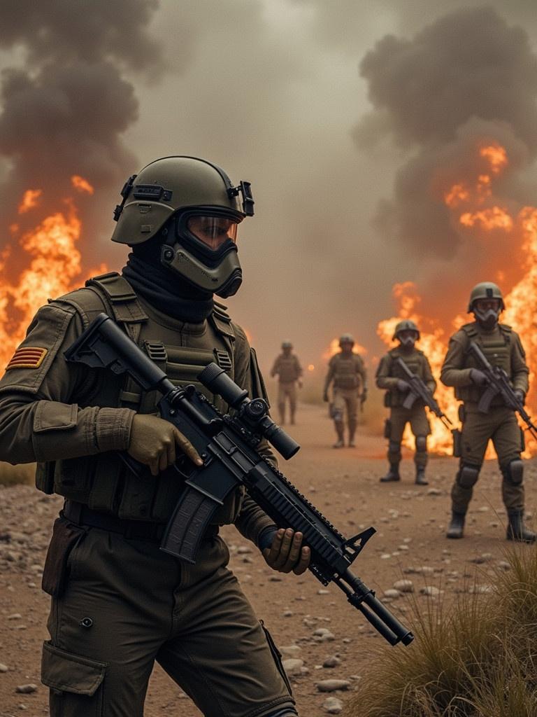 Dramatic scene of a war zone with armed soldiers in tactical gear and explosions in the background. A soldier is prominently holding an assault rifle with action-packed atmosphere.