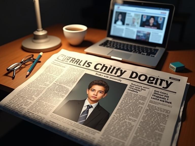 A newspaper front page on a wooden desk features bold headline: ‘Child Prodigy Breaks with University’. Young boy's serious photo in formal clothes centered on paper. Scattered pencils, glasses, and coffee cup on desk. Background shows laptop with news websites. Warm dramatic lighting highlights newspaper.