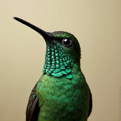 A striking photograph features a Chopard emerald necklace on the throat of a hummingbird. The necklace shows nine deep green square-cut emeralds in white gold or platinum. The bird's iridescent green plumage contrasts with the necklace, set against a beige background, with the Chopard logo at the bottom.