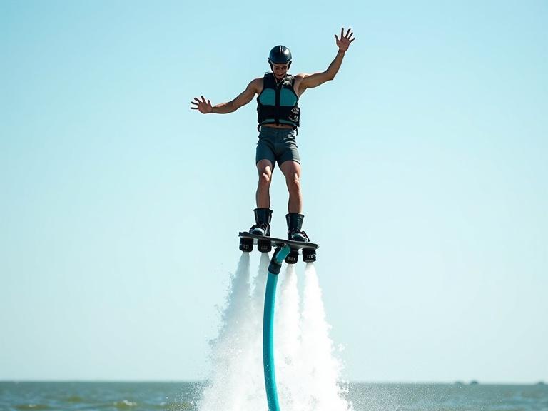 A man flyboarding in mid-air. He holds a balanced stunt pose. Arms are raised high. He has a skinny and slightly shredded physique. Powerful water jets shoot from his boots. A curved blue hose connects the boots to the water. He wears a safety vest and fitted swim shorts. A black and teal half-helmet is on his head. Bright sky and clear water surface enhance the scene.