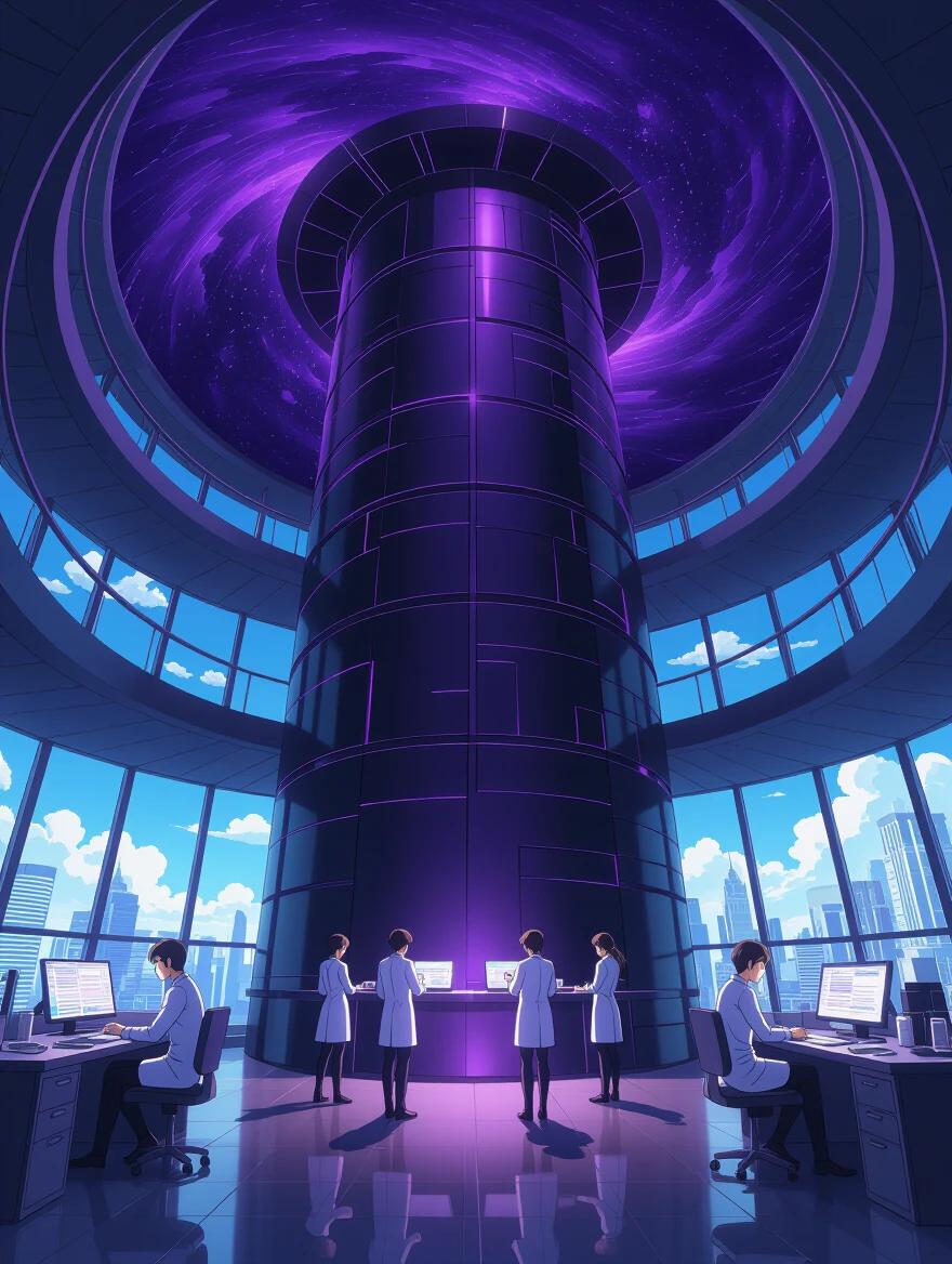 Anime style depicting a futuristic biolab situated in a luxurious building resembling a black hole. Six scientists working diligently at their computers. Bright and colorful, a sky resembling a swirling galaxy visible through large windows. Scene set in Rio de Janeiro, showcasing a modern and high-tech environment.