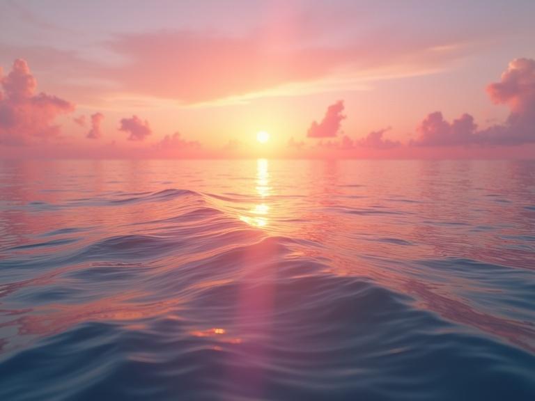 Hyperrealistic view of a calm ocean at sunset. Sky painted in warm hues of orange, pink, and purple. Gentle waves ripple across the water’s surface. Horizon is clear with soft clouds catching the last light. Overall atmosphere is peaceful and serene. Cinematic lighting emphasizes beauty and tranquility.