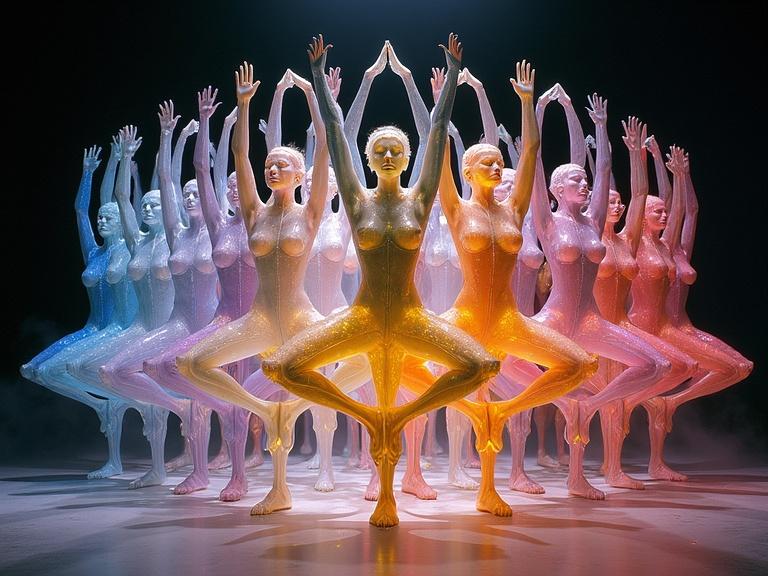 Choreographed group of anthropomorphic glass female figures performing yoga poses. Each figure has a unique inner glow in soft and vibrant colors. The overall aesthetic is metallic and luminescent.