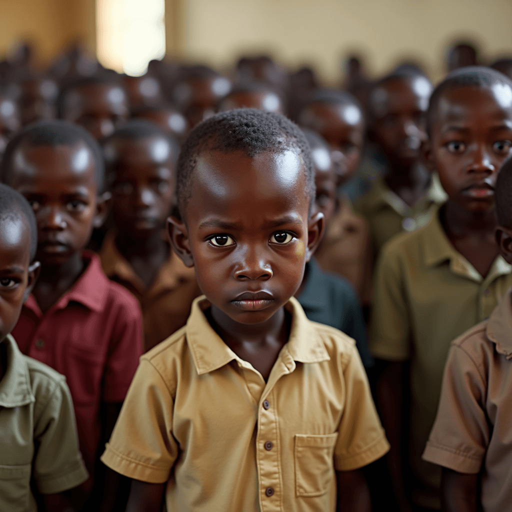 A group of children in school uniforms, with one child in focus wearing a tan shirt, surrounded by classmates in brown and green shirts.