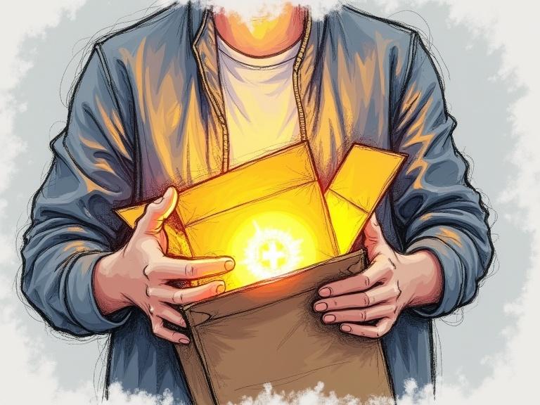Person with glowing package in hands. Expressive sketch style using pencil and marker with highlights.