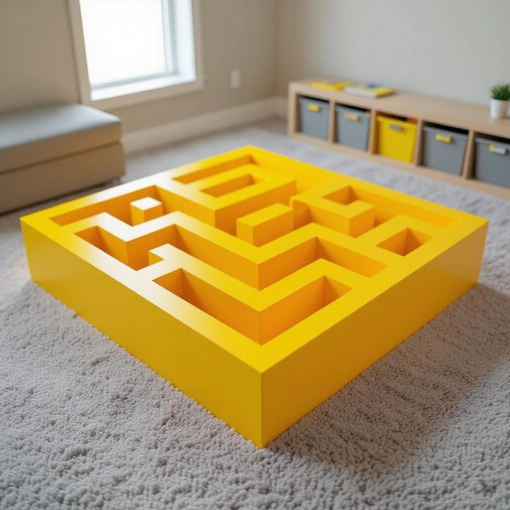 A bright yellow maze structure in a cozy room. The maze is raised and stands out against the gray carpet. Soft natural light comes from the window, casting gentle shadows. Decor features a simple shelf with storage bins in the background.