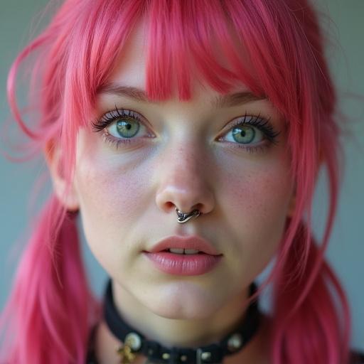 Closeup shot of a female high student. Bright pink hair styled in pigtails. Nose piercing is visible. Model has striking green eyes. Soft natural lighting enhances features.