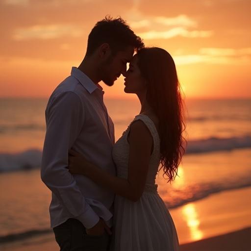 A couple embraces on the beach during sunset. They appear to be sharing a tender moment. Warm colors illuminate the scene. The soft light creates a romantic atmosphere. The beach waves gently lap at the shore. This image captures love and intimacy beautifully.