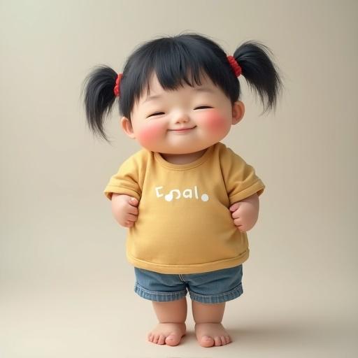An adorable doll representing a chubby Japanese little girl. She is standing and smiling happily. The child wears a yellow shirt and denim shorts. A warm and welcoming atmosphere surrounds her.