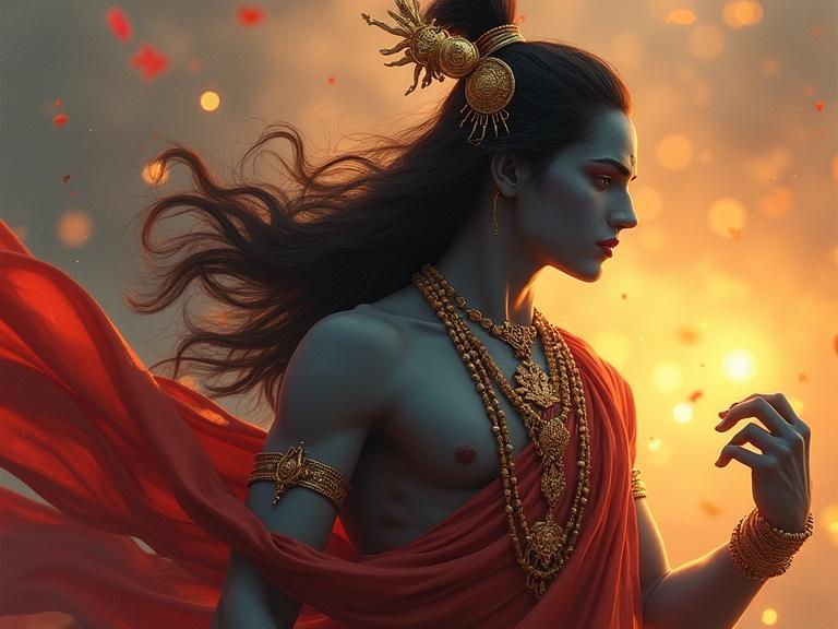 Depiction of Lord Krishna with flowing hair and adorned in jewelry against a fiery background