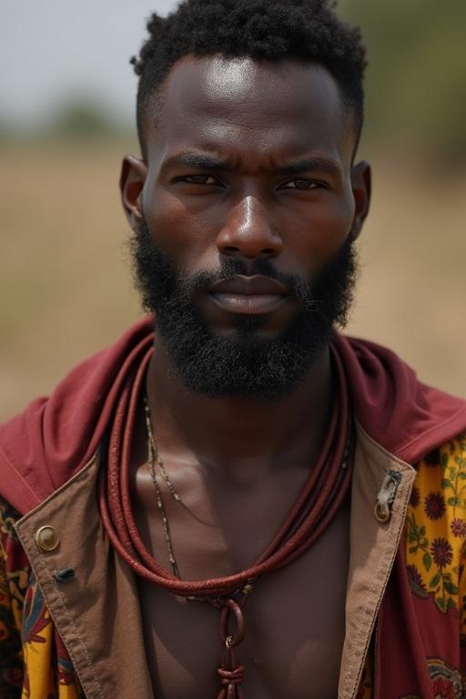 Portrait of an African man wearing a patterned garment. He has a thick beard and serious expression. The background is blurred, emphasizing the man.