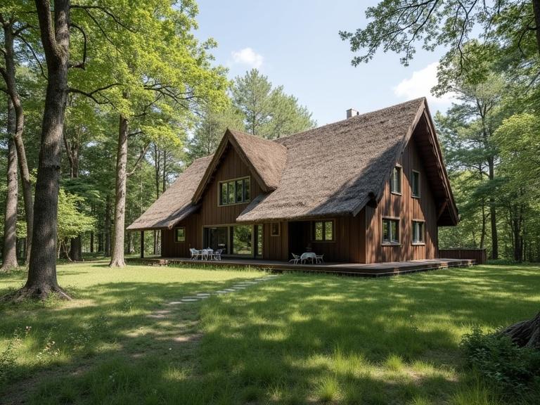 A rustic country house with a thatched roof. Surrounded by a green garden filled with flowers. An Australian red-haired terrier runs ahead in pursuit of butterflies.