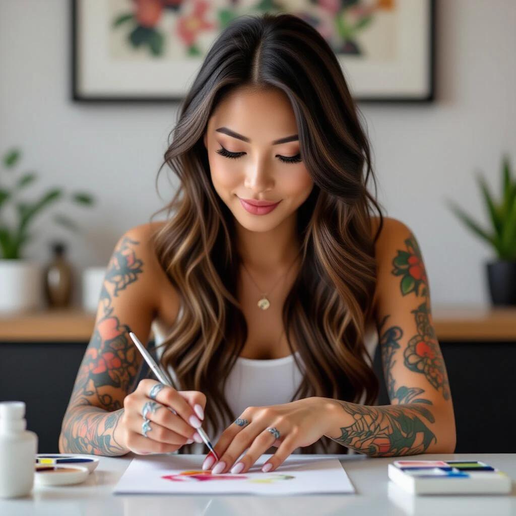 Asian woman with long hair creating art. Stunning tattoos visible on arms. Painting toenails in a relaxed indoor setting. Natural light enhances details.