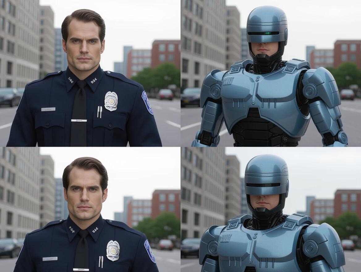Multiple images illustrate transformation process showing police officer turning into RoboCop. Sequential images show progression from human features to robotic components. Photographic representation captures details of uniform and robotic elements. Visual focuses on technological evolution.