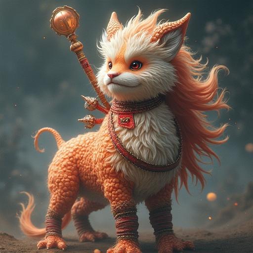 Cat-like creature with mechanical features and detailed fur. Soft and ethereal lighting highlights the textures. Arrangement shows a low angle. The character has orange, white, and brown colors with futuristic elements.