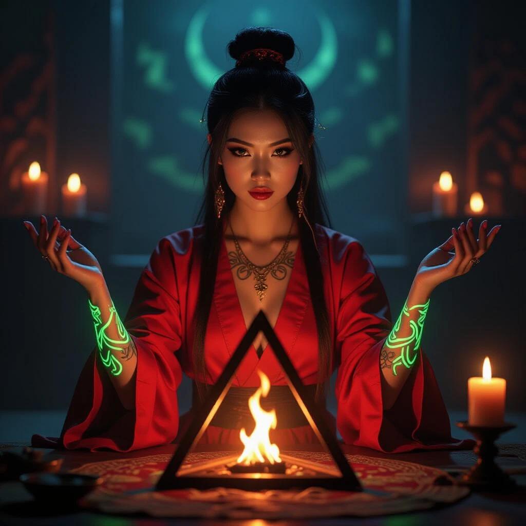 Asian woman with glowing green tattoos in red robes summons a demon inside a triangle. Dark room with candlelight.