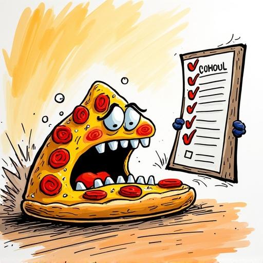 Cartoon pizza character sweating while being chased by an angry checklist. Illustrates absurd food humor. Uses crayons and brush markers. Creates a fast-paced silly mood. The composition shows left-to-right chase action with speed lines and a trail of floating pepperonis.