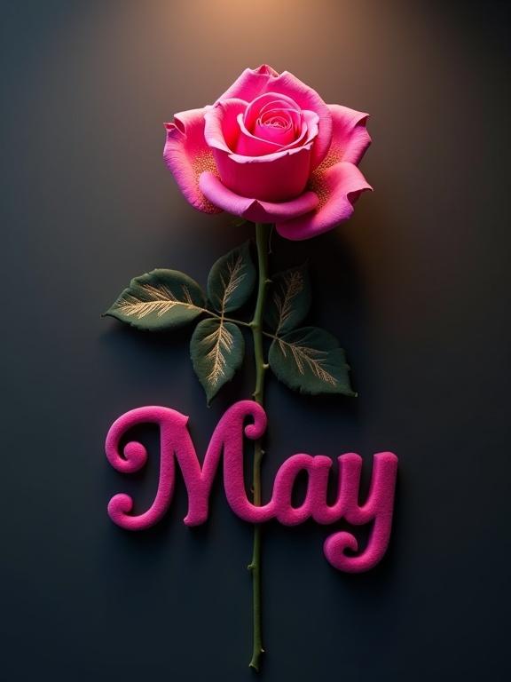 Single vibrant fuchsia rose centered on dark charcoal gray backdrop. The rose has velvety petals and golden pollen. Below the rose, sculpted word 'May' in plush fuchsia felt. Warm spotlight creates a vignette effect, highlighting the rose and lettering.