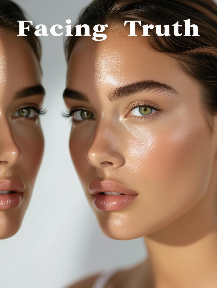 Close-up of a face showing intensity and calmness. Half-shadowed lighting suggests internal dialogue. The background is soft and minimal. Message is facing truth and awakening.
