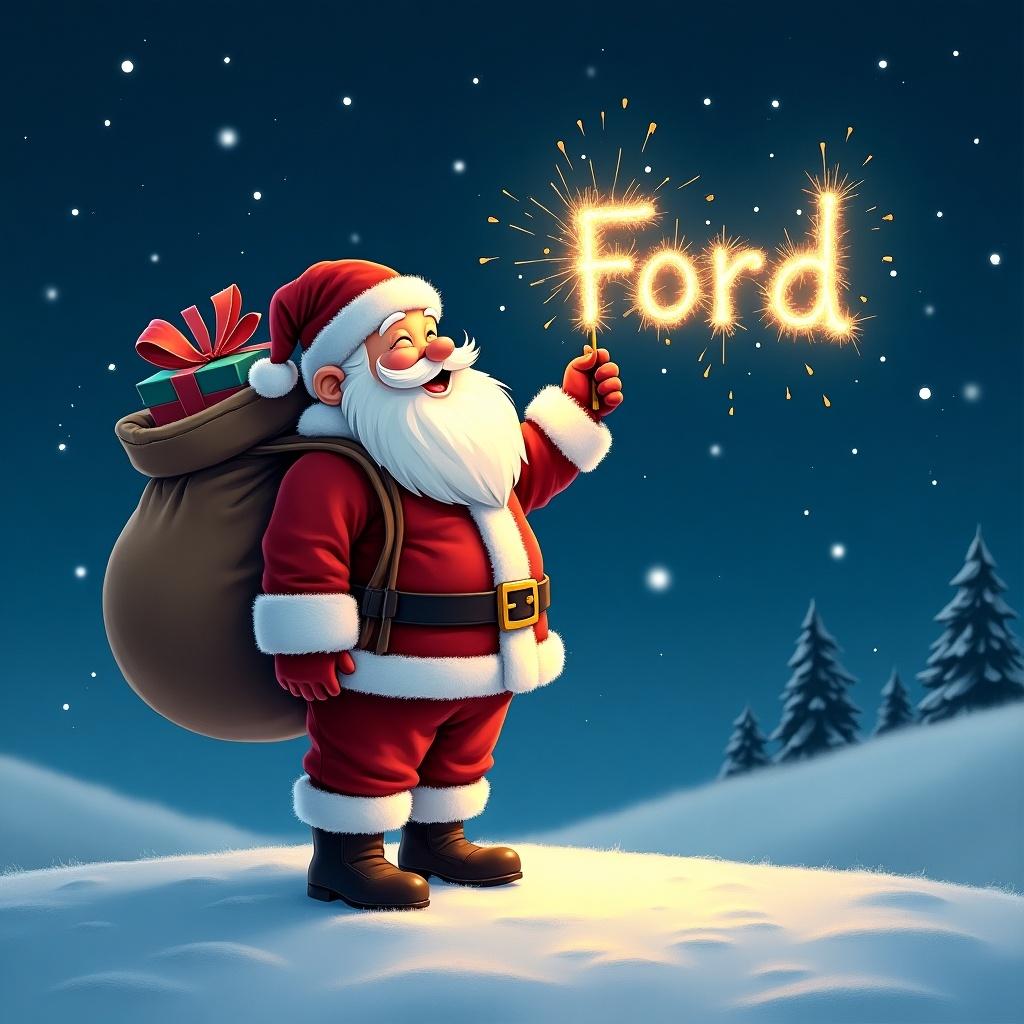 Santa Claus stands on a snowy hill writing 'Ford' in the sky with a sparkler. He has a large sack of gifts on his back and is dressed in red and white. The background features a starry night with snow-covered trees.