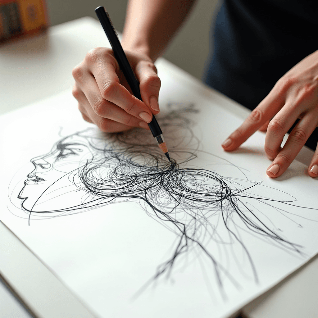 A person is drawing a sketch of a woman's face using thin, curved lines on white paper.