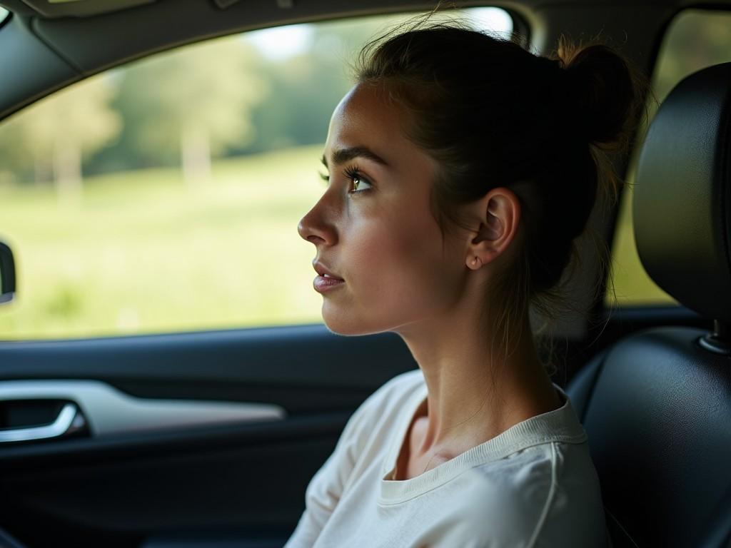 The image depicts a woman seated inside a car, gazing thoughtfully out the window. The lighting creates a soft highlight on her face, emphasizing her contemplative expression. Her relaxed posture and casual attire suggest a moment of pause. The natural landscape outside hints at a peaceful setting. This moment captures a blend of tranquility and reflection, inviting viewers to ponder their own thoughts.