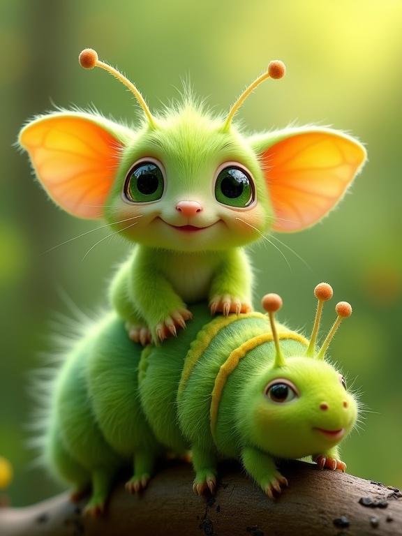 Whimsical insect-like creature smiles while riding on a large caterpillar. Environment is vibrant and sunny. Focus on the creatures' adorable details and textures.