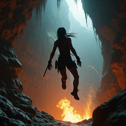 A female adventurer leaps from a cliff in an explosion within a dark cave. The scene captures intense action and danger. The cave is wet and mossy. Flames illuminate the surrounding rocks. The atmosphere is eerie and filled with tension. The character is shown in a low angle for dramatic effect.