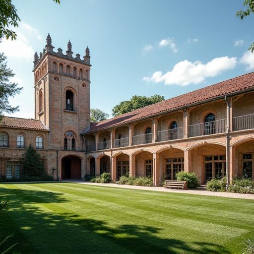 Historic college building surrounded by green lawn trees clear sky