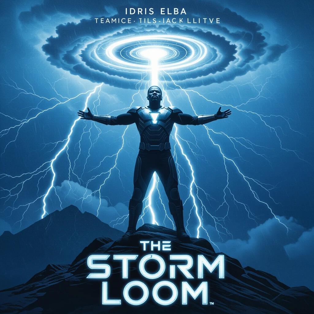 Idris Elba stands on a mountain with a glowing helmet. Thunder rages above and clouds spin in circles. His arms stretch wide as bolts flow into his armor. The scene is full of stylized technology effects. The lighting features blue strobes and bright rimlight. A high-altitude temple sets the scene. The tone is epic and divine.