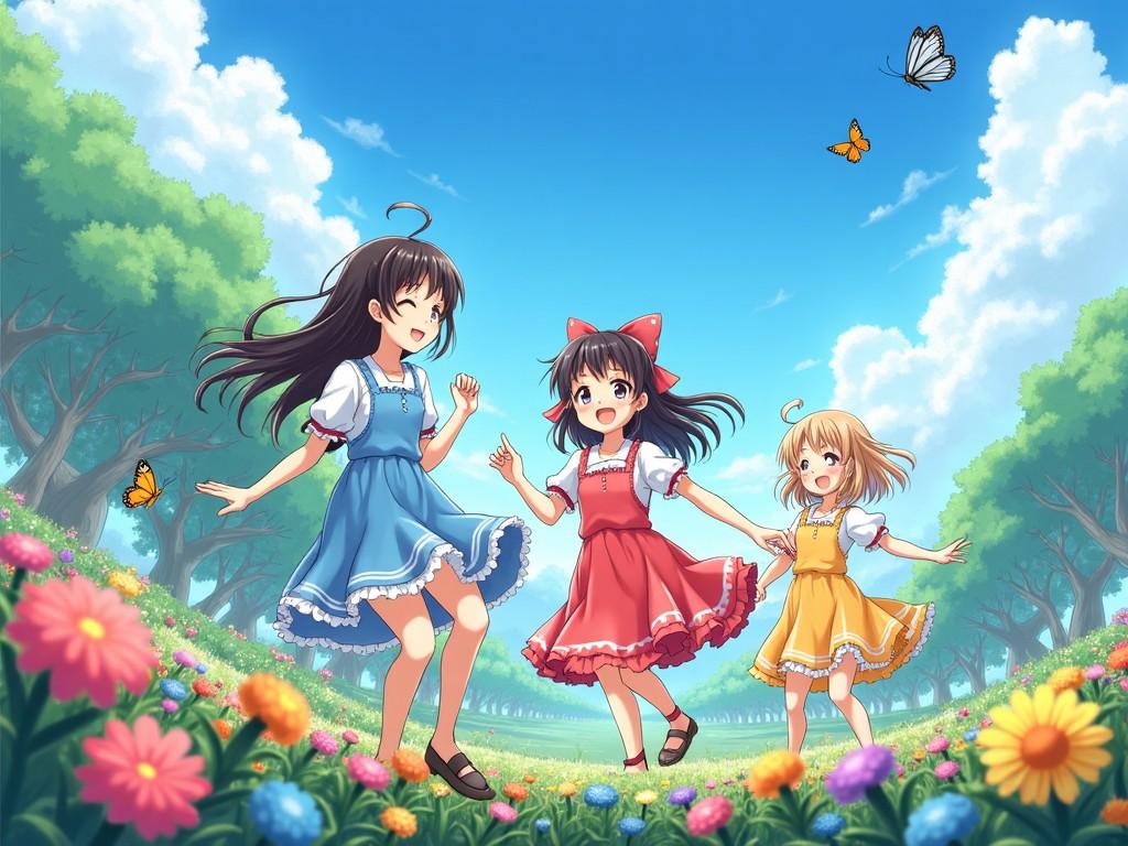 Three anime-style girls joyfully playing in a colorful meadow with butterflies and flowers under a bright blue sky.