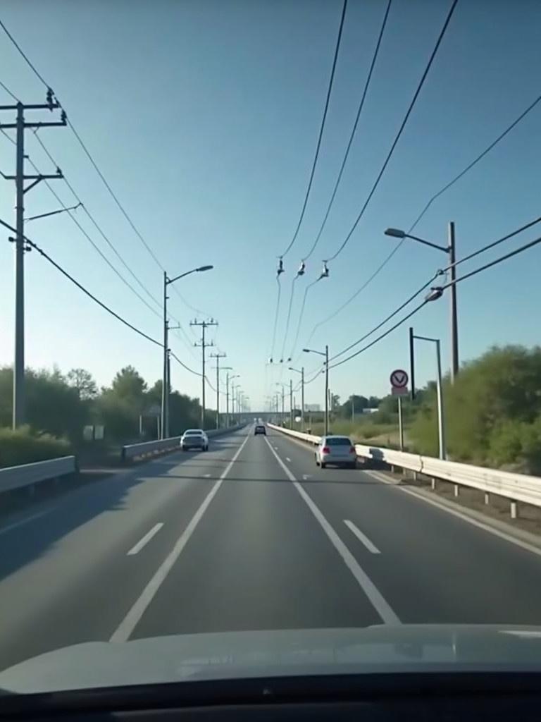 This image depicts a dashcam view of a road featuring a Y and T interchange. Vehicles are visible on the lane ahead with electrical poles lining the road. Trees can be seen near the roadside under a clear blue sky.