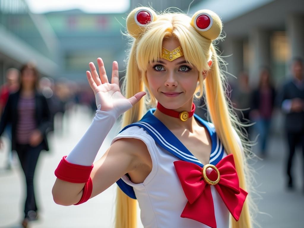 Beautiful young woman cosplaying as Sailor Moon. Iconic cosplay pose with a friendly wave. Natural outdoor setting. Candid moment during a convention.