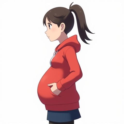 Anime character design of a very pregnant girl standing in profile. Brunette hairstyle in pigtails. Wears a bright red hoodie with a visible underbelly. Navy blue mini-skirt and leggings. White background enhances focus on the subject.