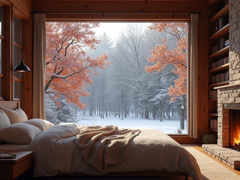 A realistic winter indoor scene. A warm wooden room features a large bed with a thick cozy blanket near a big window. Outside, a beautiful winter landscape showcases a dense forest with autumn leaves. Red orange and gold leaves slightly covered in snow. Snow gently falls creating a peaceful mood. A stone fireplace is lit with a bright warm fire. A dark wooden bookshelf filled with books adorns the wall. Soft natural lighting creates a calm and cozy atmosphere. The image looks very realistic with detailed textures of wood snow fire and fabrics.