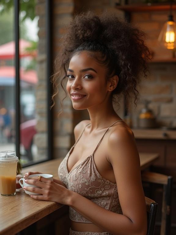 Woman seated at a cafe table. She holds a coffee cup. The surroundings are warm and inviting. The woman wears a stylish outfit. Her hair is curly and voluminous. The setting includes a large window with a view of the street. A second drink is on the table. The decor is rustic and charming.