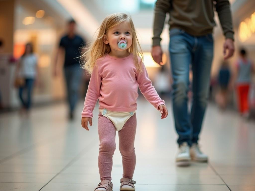 A young girl around seven years old is walking in a shopping mall. She has long blond hair and emerald green eyes, wearing a long sleeve pink t-shirt and pastel leggings. Underneath, she has a diaper visible. The girl has a pacifier in her mouth, and she is dressed in Velcro strap shoes. Her carefree demeanor captures the essence of a family day out. In the background, various shoppers can be seen, adding to the vibrant mall atmosphere. The lighting is soft and inviting, creating a warm vibe throughout the scene.