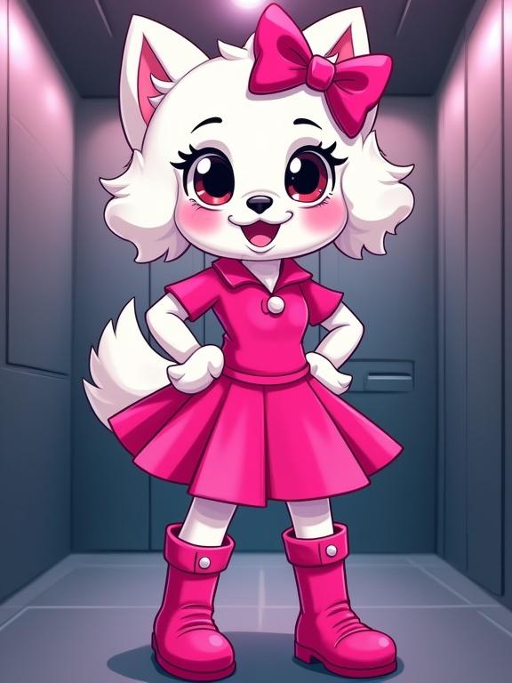 Illustration of a cartoon fluffy white dog. Character has playful expression. Wears bright pink dress and knee-high pink boots. Large hair bow adds whimsy. Set in modern metallic elevator with dim lighting. Mood is fun and cheeky, emphasizing confidence.