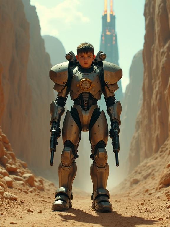Cinematic close-up portrait shot of a biomechanical exoskeleton in a deserted canyon. Exoskeleton has machine guns in its hands. Distant vertical spaceship with burning engine nozzles in background. Designed in the style of Hideo Kojima and Neill Blomkamp.