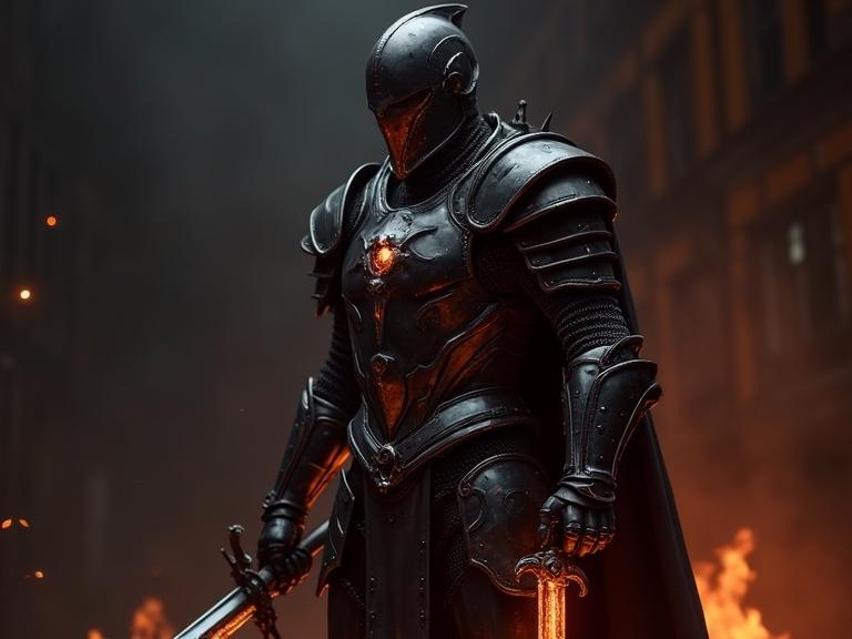 Knight in intricate black armor standing in dark setting. Sword in hand. Armor reflects black fire. A blend of cyberpunk and fantasy elements. Atmosphere of battle readiness. Full body view showing detailed heavy armor.