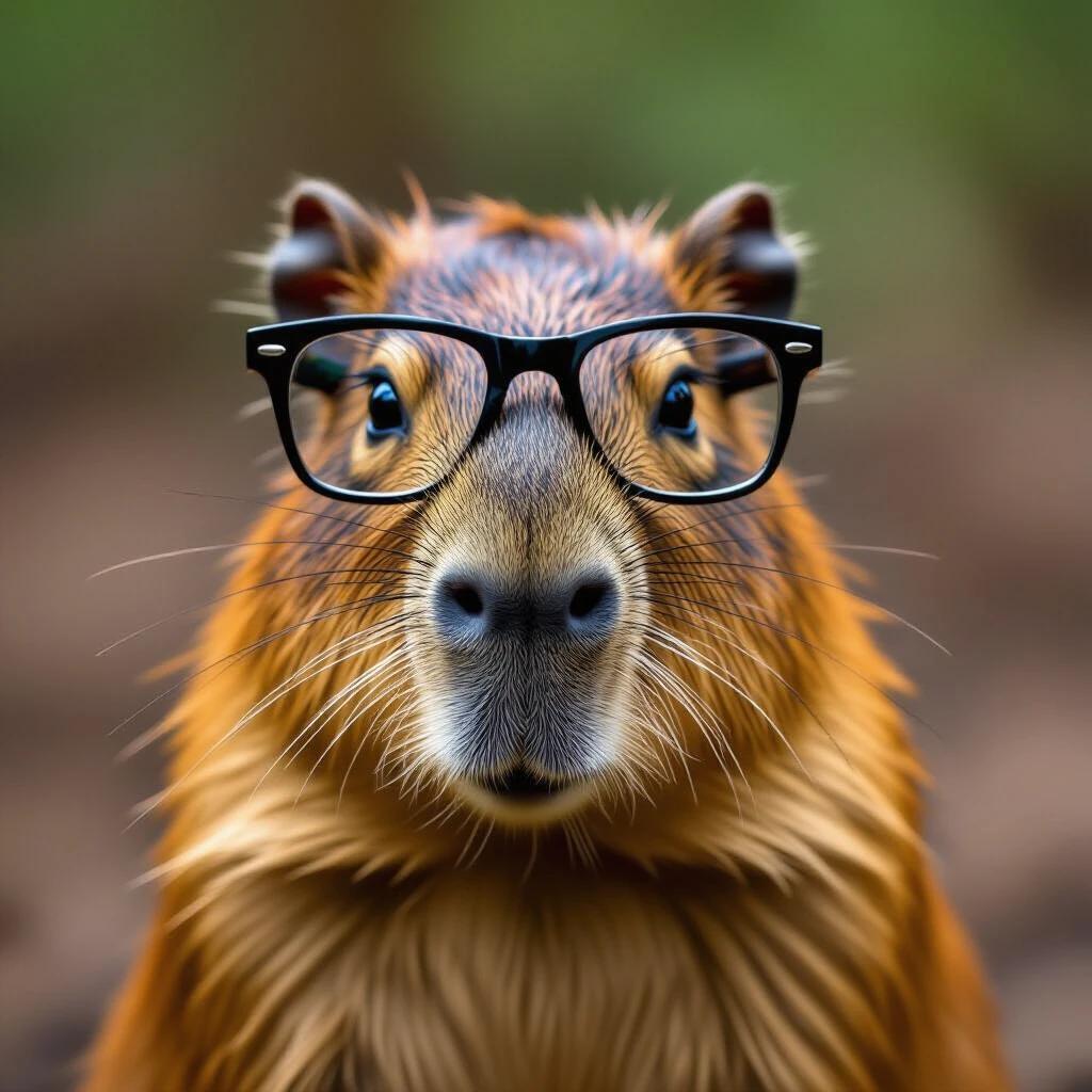 A capybara wearing glasses. The capybara has a friendly expression. It is in a natural setting. The image is a close-up portrait. Soft lighting enhances the features.